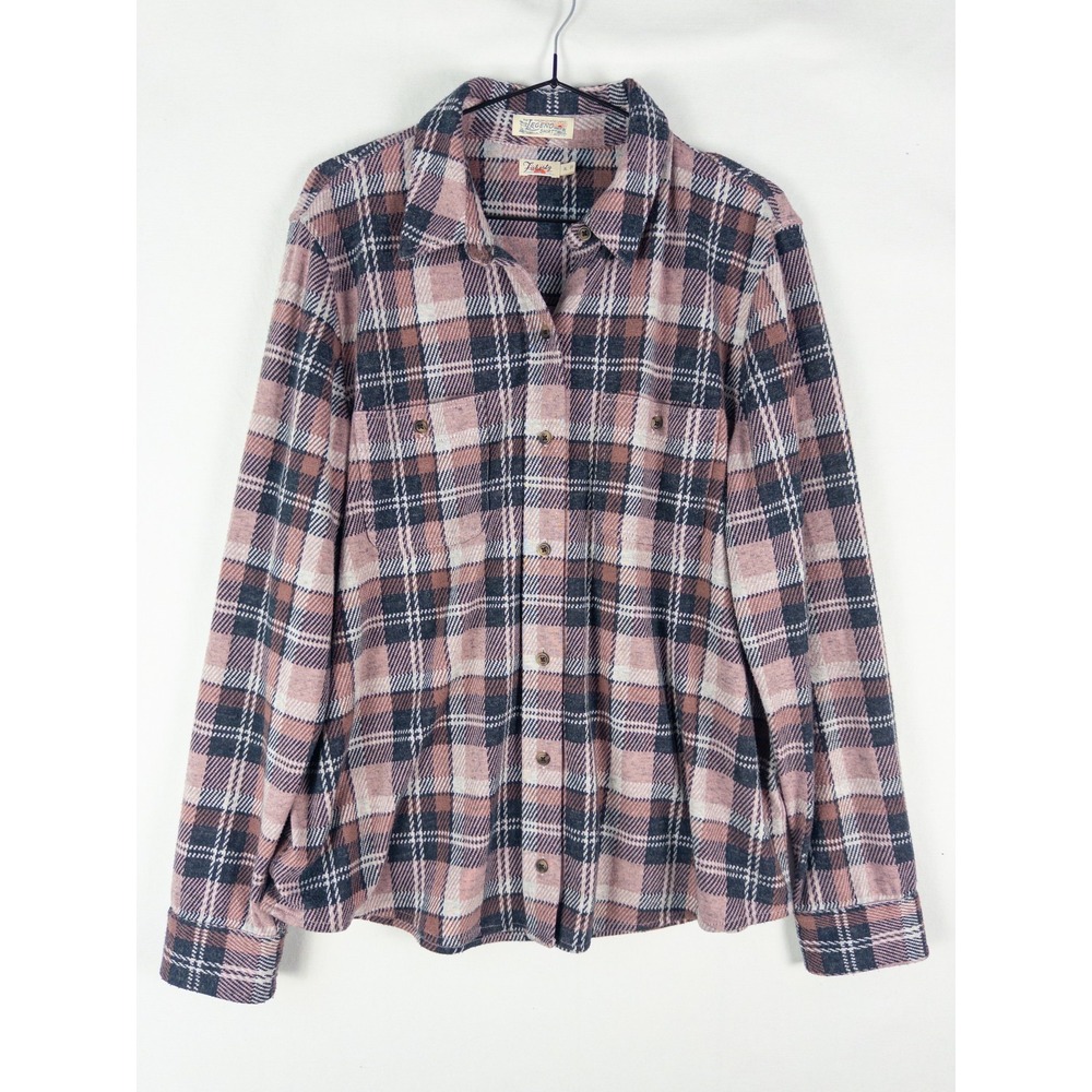 Faherty Legend Shirt Plaid Flannel Button Up Womens XL Pink Navy Boho Coastal